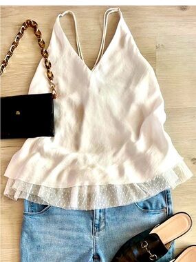 Free People White Lace Trim Camisole Top Boho Flowy Tank Size XS